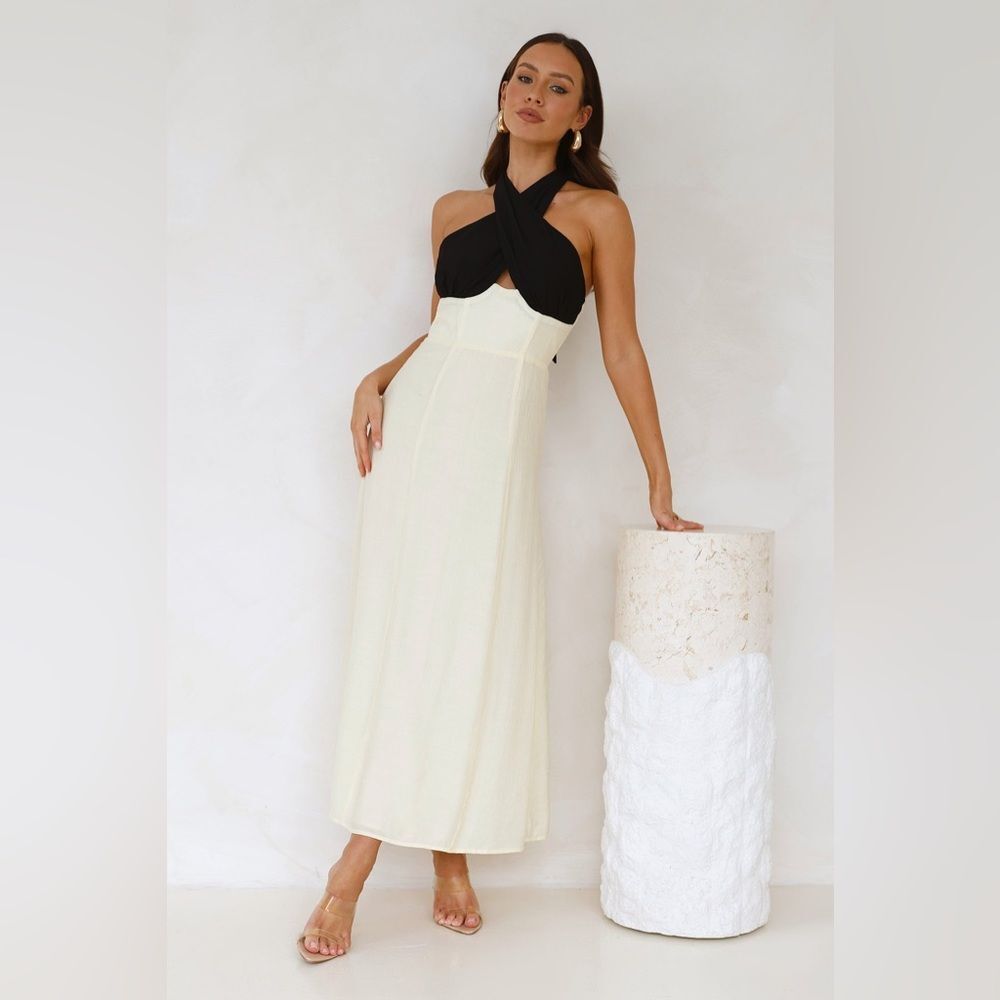 MIKA & GALA Paris Afternoon Halter Maxi Dress Cream Contrast Formal Size L - Picture 2 of 10